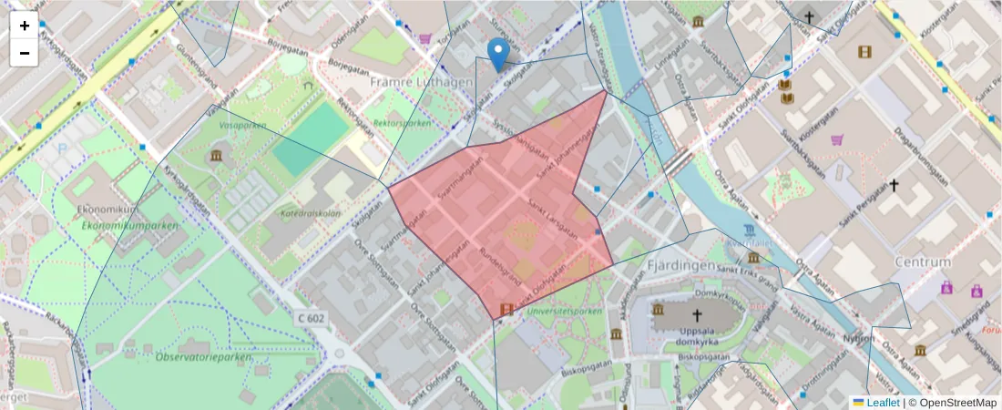 Karta över postnummerområdet  och angränsande postnummer i Sverige