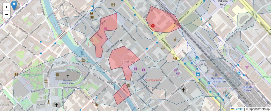 Karta över postnummerområdet  och angränsande postnummer i Sverige