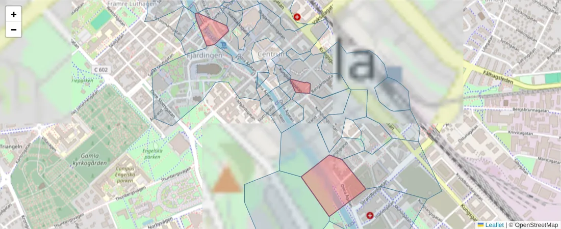 Karta över postnummerområdet  och angränsande postnummer i Sverige