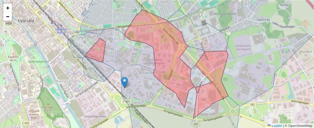 Karta över postnummerområdet  och angränsande postnummer i Sverige