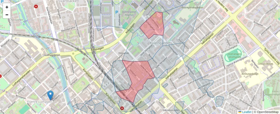 Karta över postnummerområdet  och angränsande postnummer i Sverige