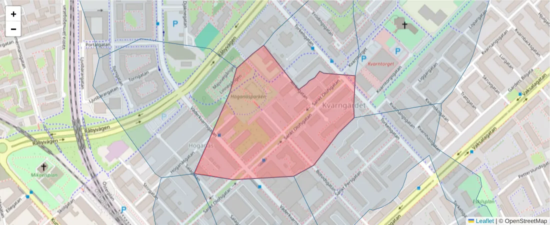 Karta över postnummerområdet  och angränsande postnummer i Sverige