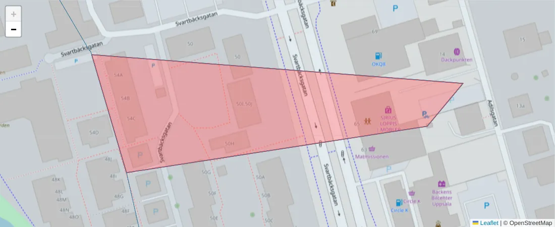 Karta över postnummerområdet  och angränsande postnummer i Sverige