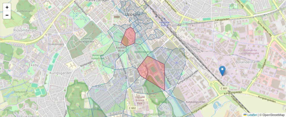 Karta över postnummerområdet  och angränsande postnummer i Sverige