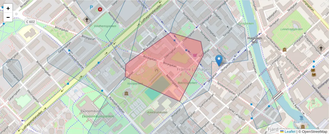 Karta över postnummerområdet  och angränsande postnummer i Sverige