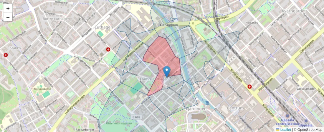 Karta över postnummerområdet  och angränsande postnummer i Sverige