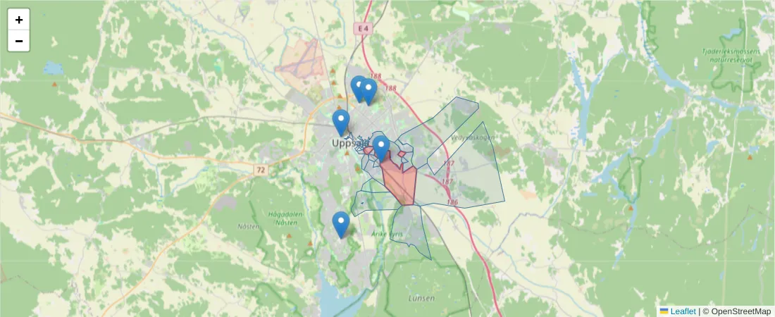 Karta över postnummerområdet  och angränsande postnummer i Sverige