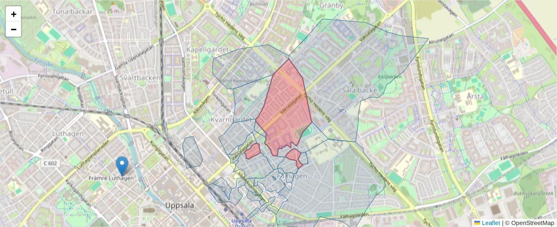 Karta över postnummerområdet  och angränsande postnummer i Sverige