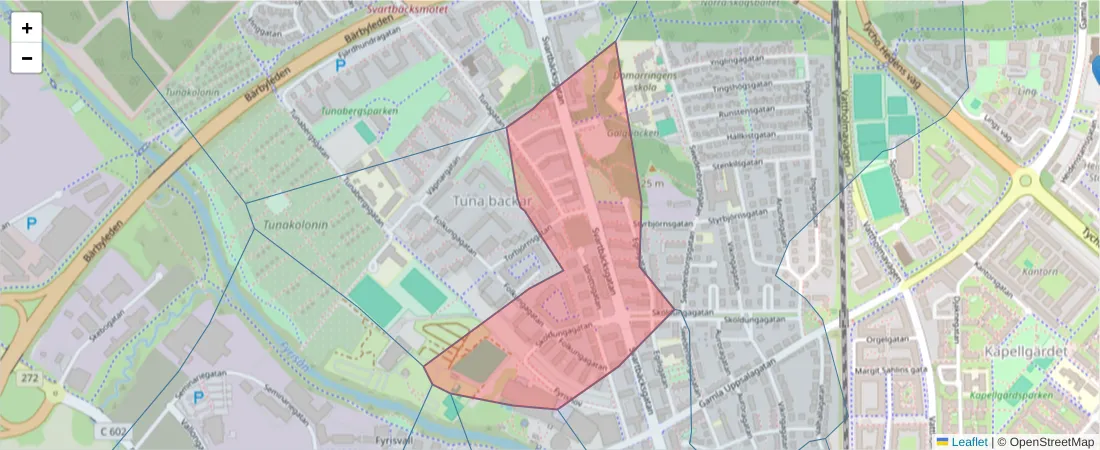 Karta över postnummerområdet  och angränsande postnummer i Sverige