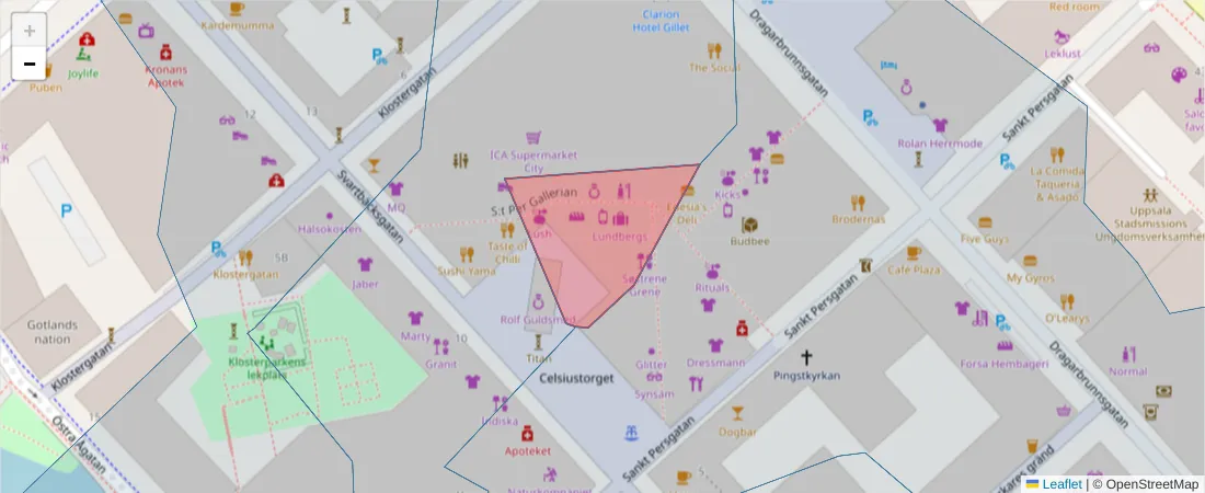 Karta över postnummerområdet  och angränsande postnummer i Sverige