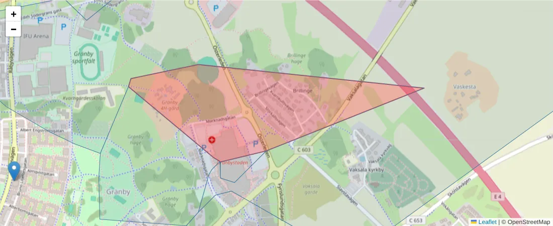 Karta över postnummerområdet  och angränsande postnummer i Sverige