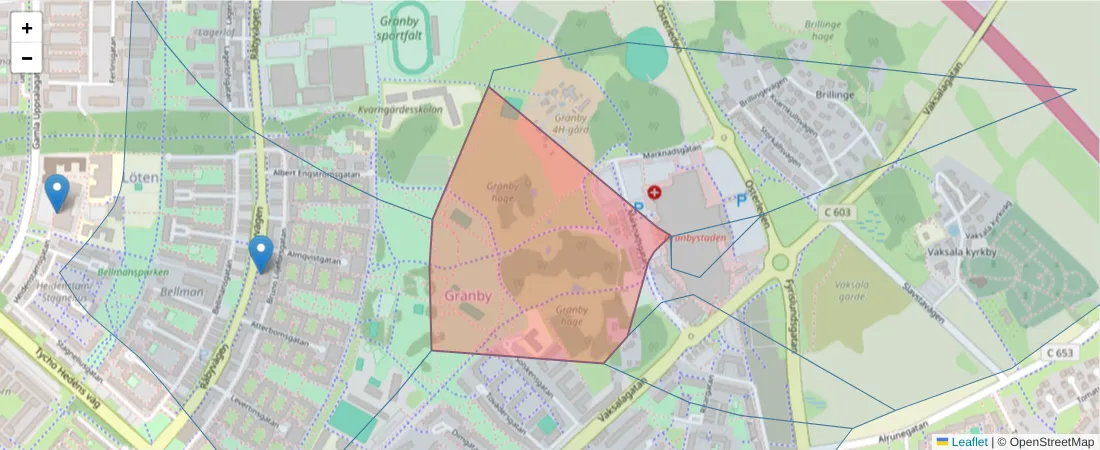 Karta över postnummerområdet  och angränsande postnummer i Sverige