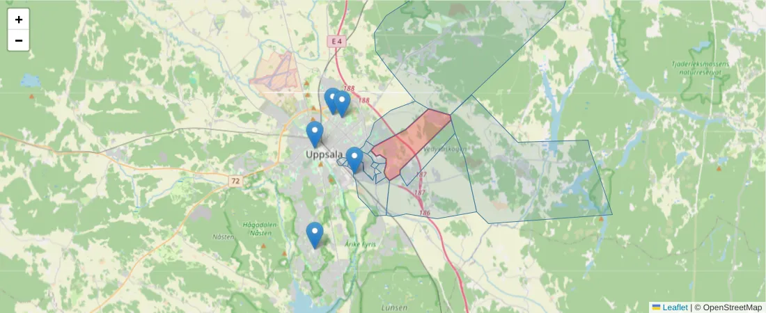 Karta över postnummerområdet  och angränsande postnummer i Sverige