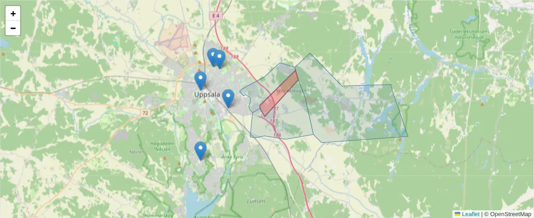 Karta över postnummerområdet  och angränsande postnummer i Sverige