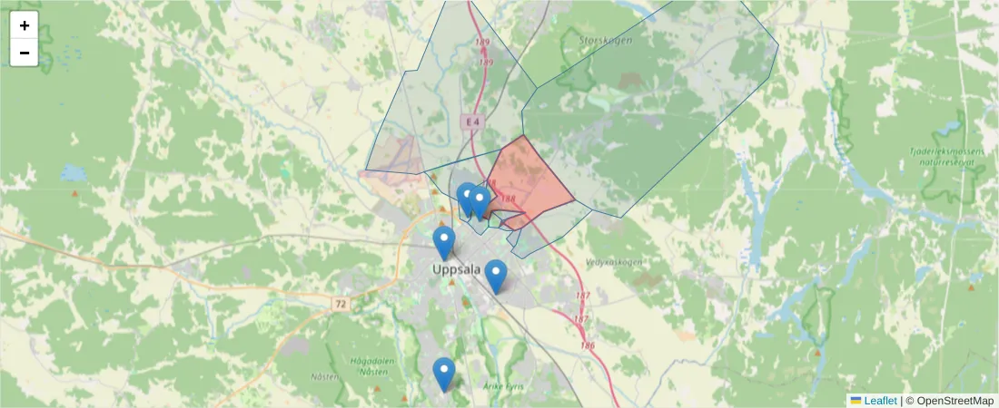 Karta över postnummerområdet  och angränsande postnummer i Sverige