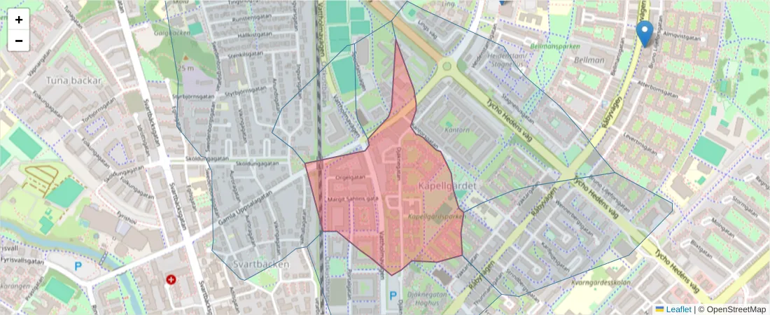 Karta över postnummerområdet  och angränsande postnummer i Sverige