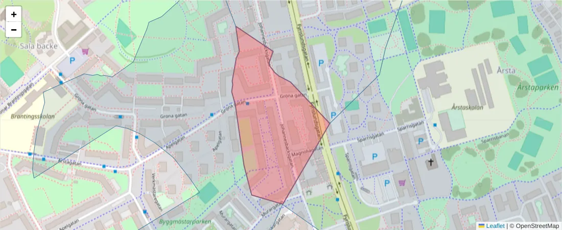 Karta över postnummerområdet  och angränsande postnummer i Sverige