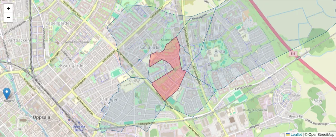 Karta över postnummerområdet  och angränsande postnummer i Sverige