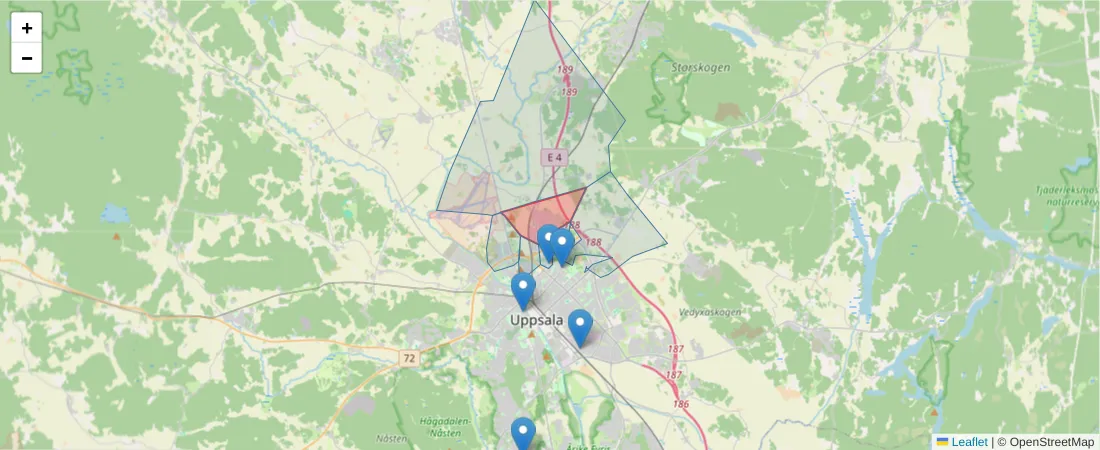 Karta över postnummerområdet  och angränsande postnummer i Sverige