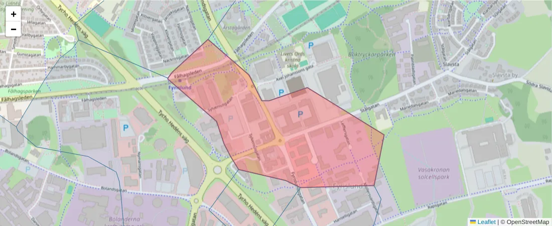 Karta över postnummerområdet  och angränsande postnummer i Sverige