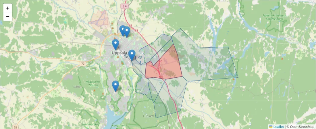 Karta över postnummerområdet  och angränsande postnummer i Sverige