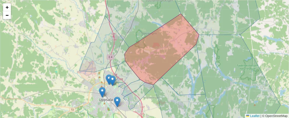 Karta över postnummerområdet  och angränsande postnummer i Sverige