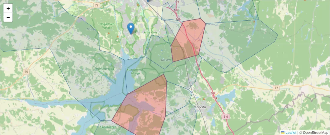 Karta över postnummerområdet  och angränsande postnummer i Sverige