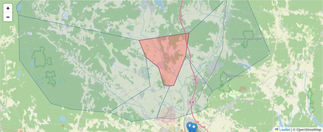Karta över postnummerområdet  och angränsande postnummer i Sverige