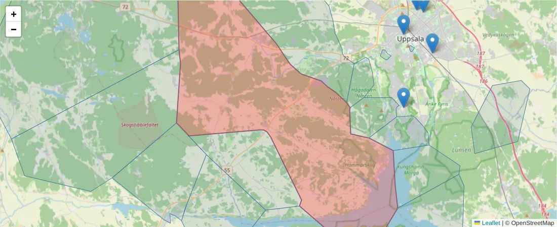 Karta över postnummerområdet  och angränsande postnummer i Sverige