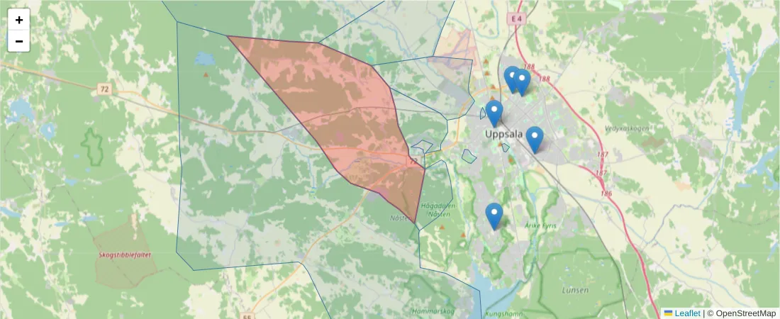 Karta över postnummerområdet  och angränsande postnummer i Sverige