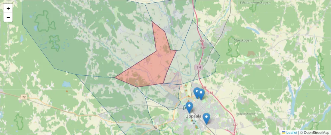 Karta över postnummerområdet  och angränsande postnummer i Sverige