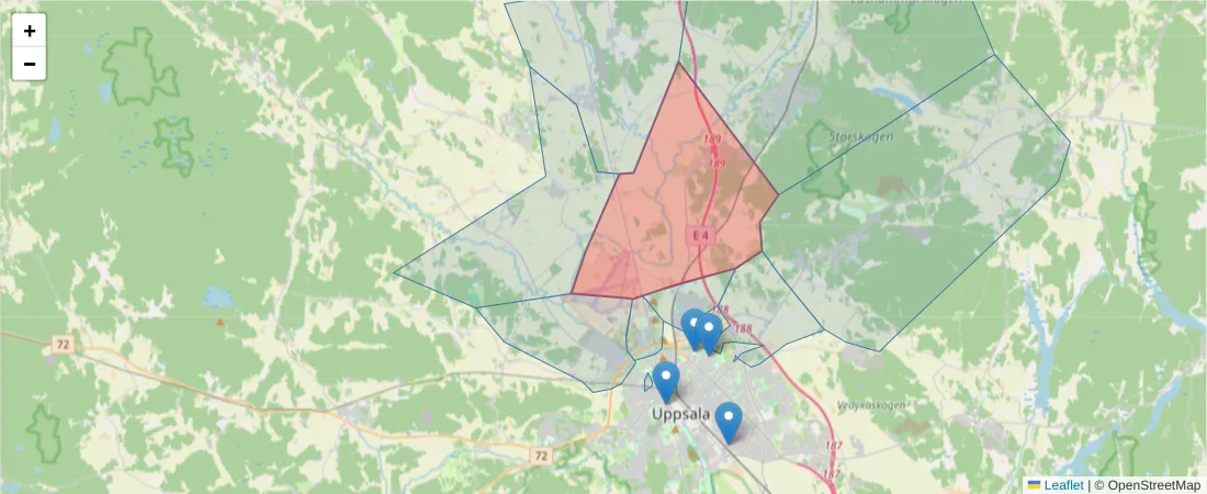 Karta över postnummerområdet  och angränsande postnummer i Sverige
