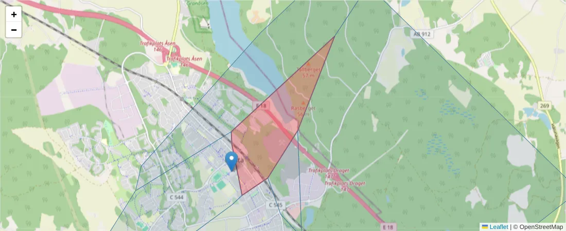 Karta över postnummerområdet  och angränsande postnummer i Sverige