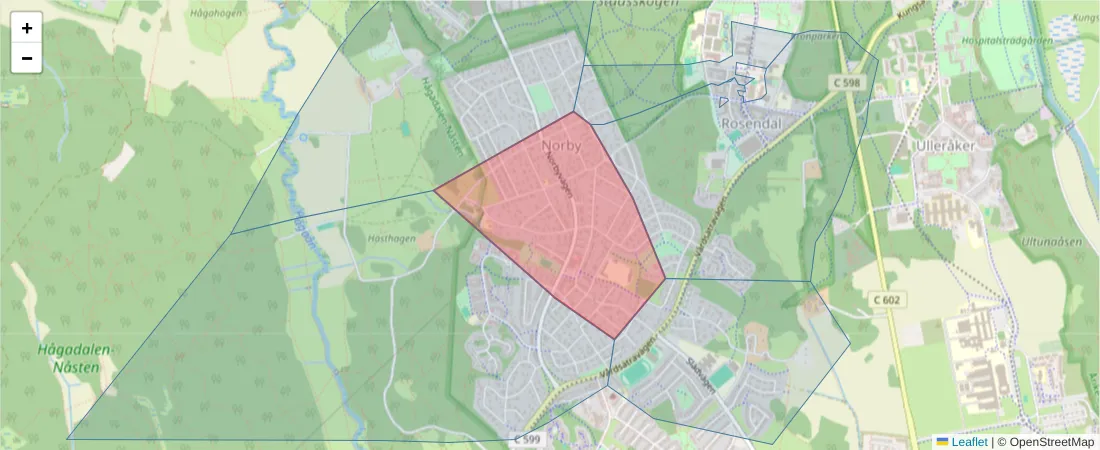 Karta över postnummerområdet  och angränsande postnummer i Sverige