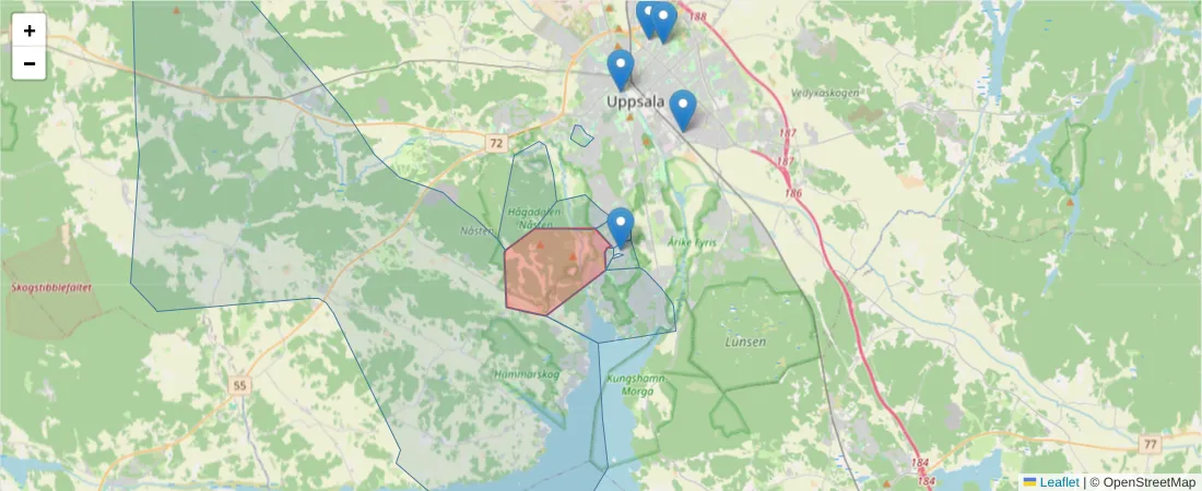 Karta över postnummerområdet  och angränsande postnummer i Sverige