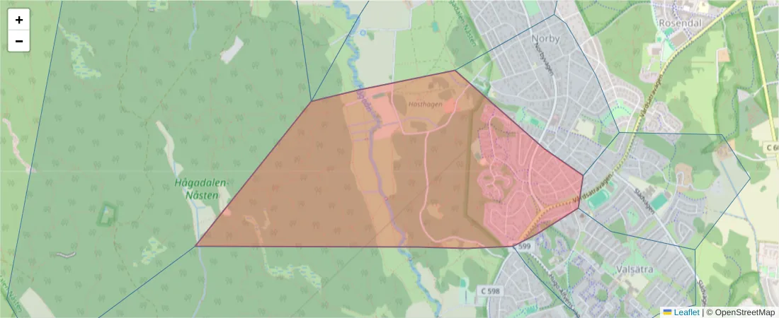 Karta över postnummerområdet  och angränsande postnummer i Sverige