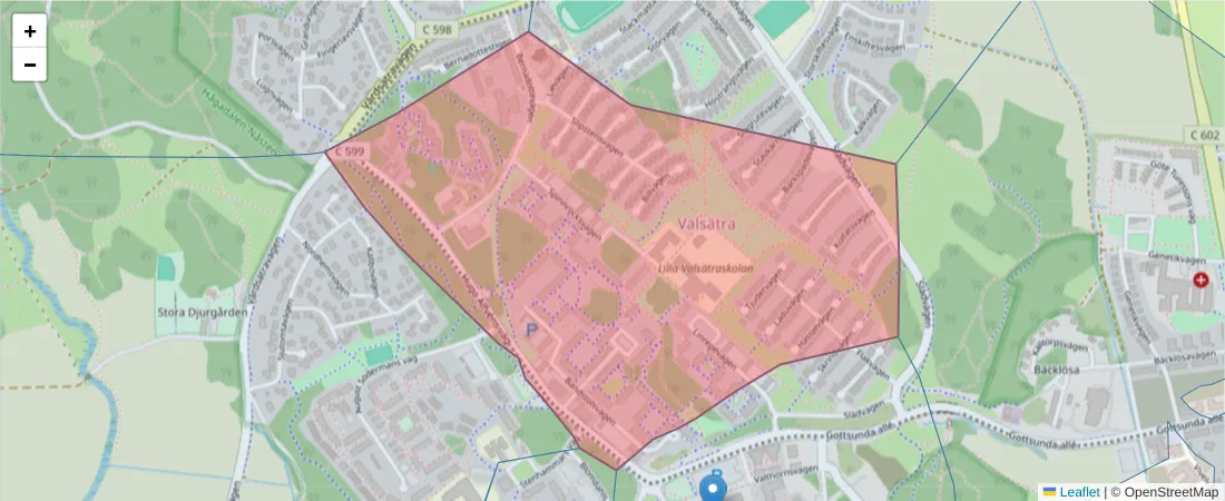 Karta över postnummerområdet  och angränsande postnummer i Sverige