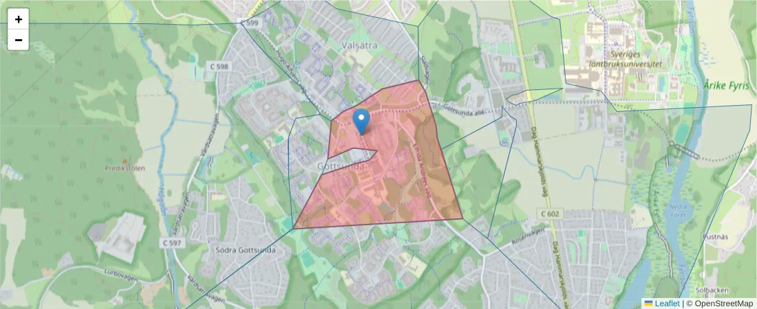 Karta över postnummerområdet  och angränsande postnummer i Sverige