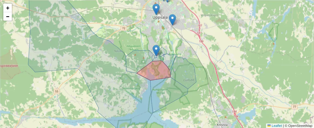Karta över postnummerområdet  och angränsande postnummer i Sverige