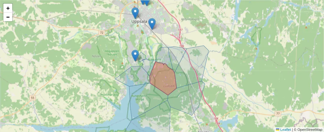 Karta över postnummerområdet  och angränsande postnummer i Sverige