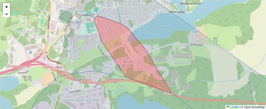 Karta över postnummerområdet  och angränsande postnummer i Sverige