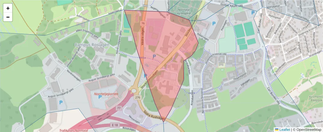 Karta över postnummerområdet  och angränsande postnummer i Sverige