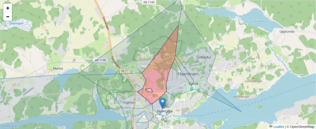 Karta över postnummerområdet  och angränsande postnummer i Sverige
