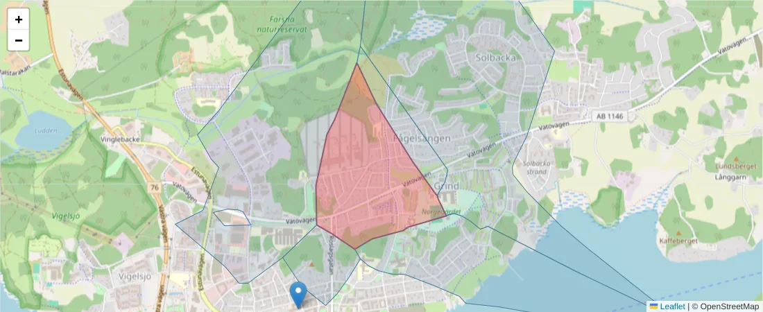 Karta över postnummerområdet  och angränsande postnummer i Sverige