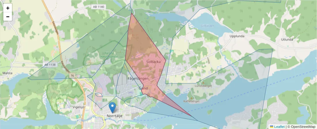 Karta över postnummerområdet  och angränsande postnummer i Sverige