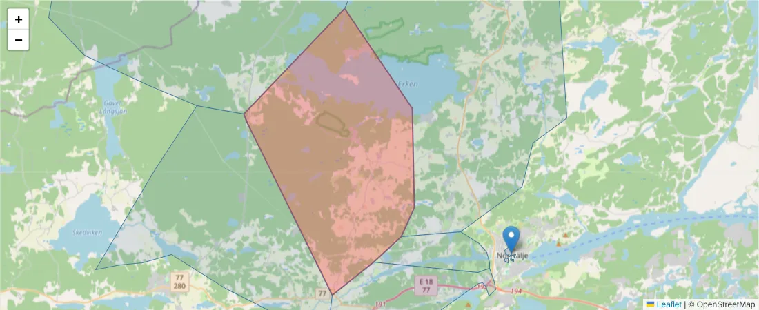 Karta över postnummerområdet  och angränsande postnummer i Sverige