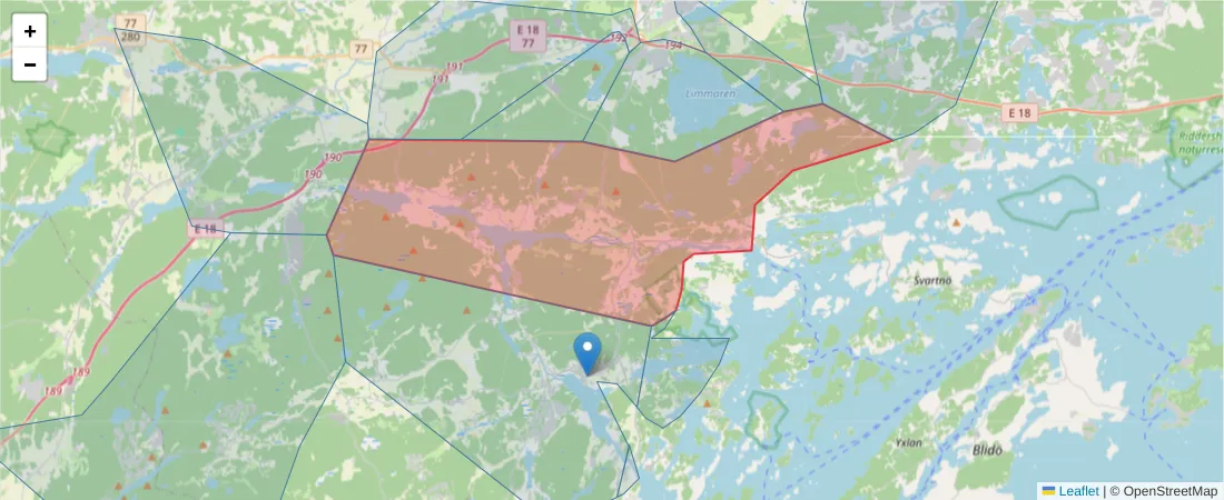 Karta över postnummerområdet  och angränsande postnummer i Sverige
