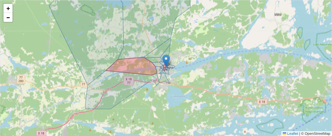 Karta över postnummerområdet  och angränsande postnummer i Sverige