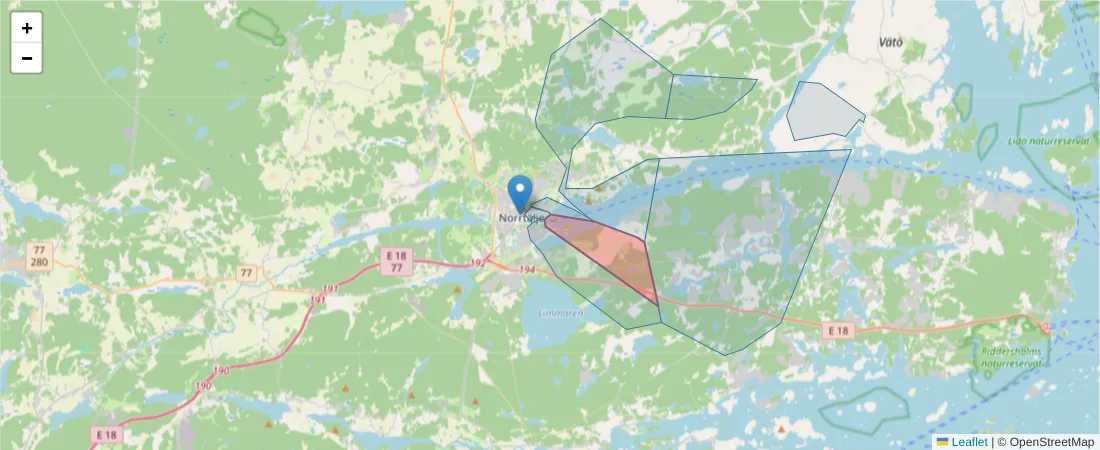 Karta över postnummerområdet  och angränsande postnummer i Sverige