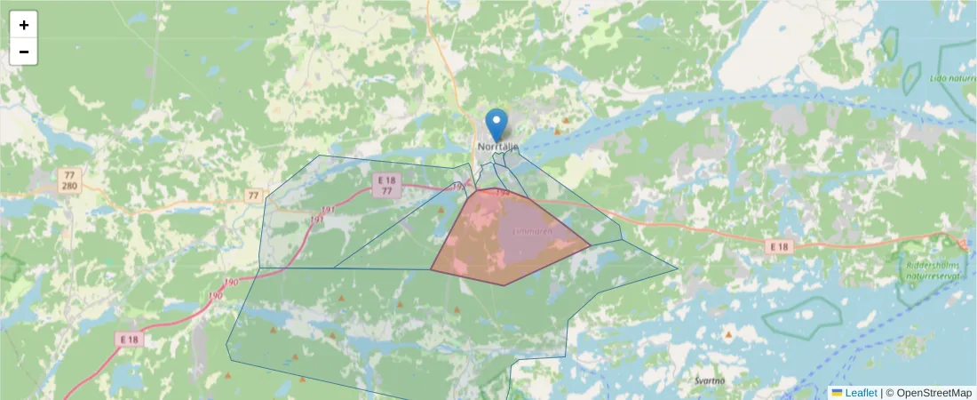 Karta över postnummerområdet  och angränsande postnummer i Sverige